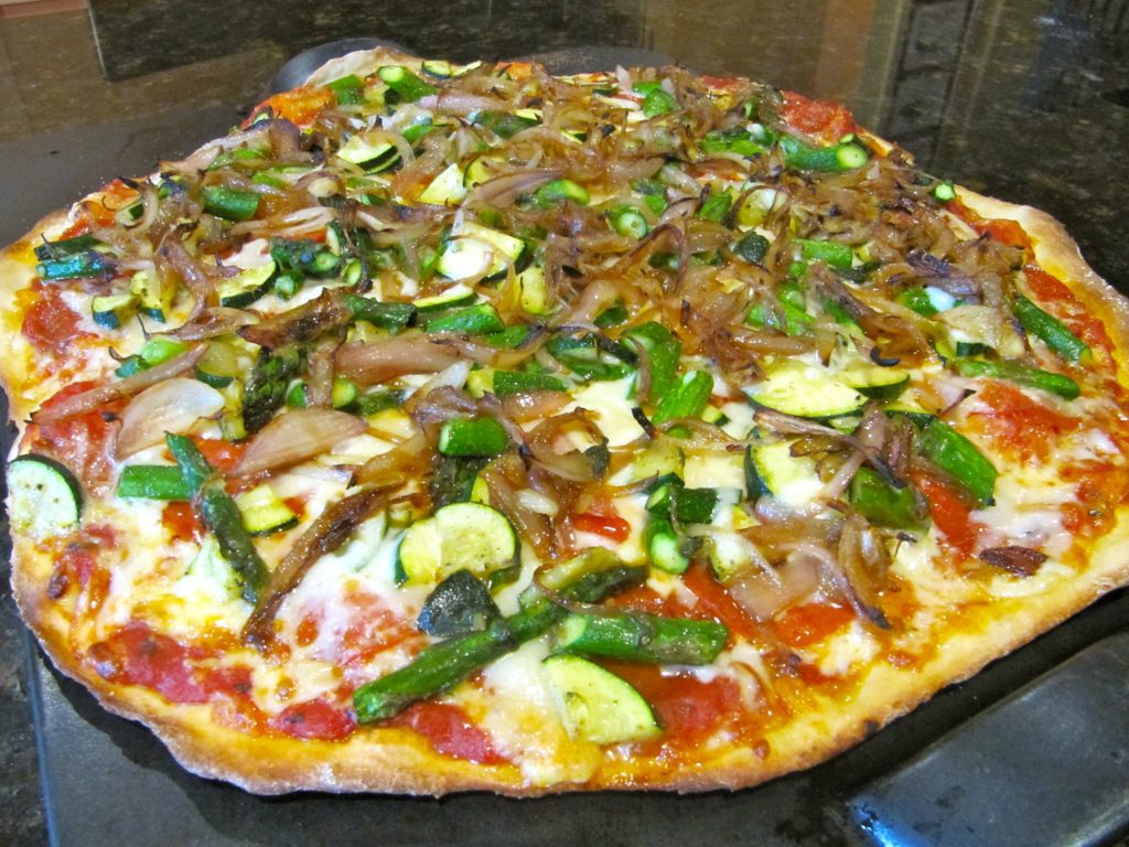 Lisa's homemade pizza with zucchini, asparagus and caremelized shallots