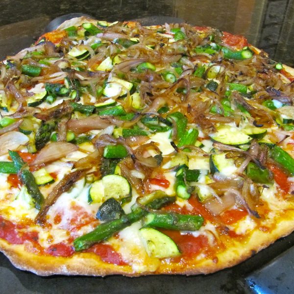 Lisa's homemade pizza with zucchini, asparagus and caremelized shallots